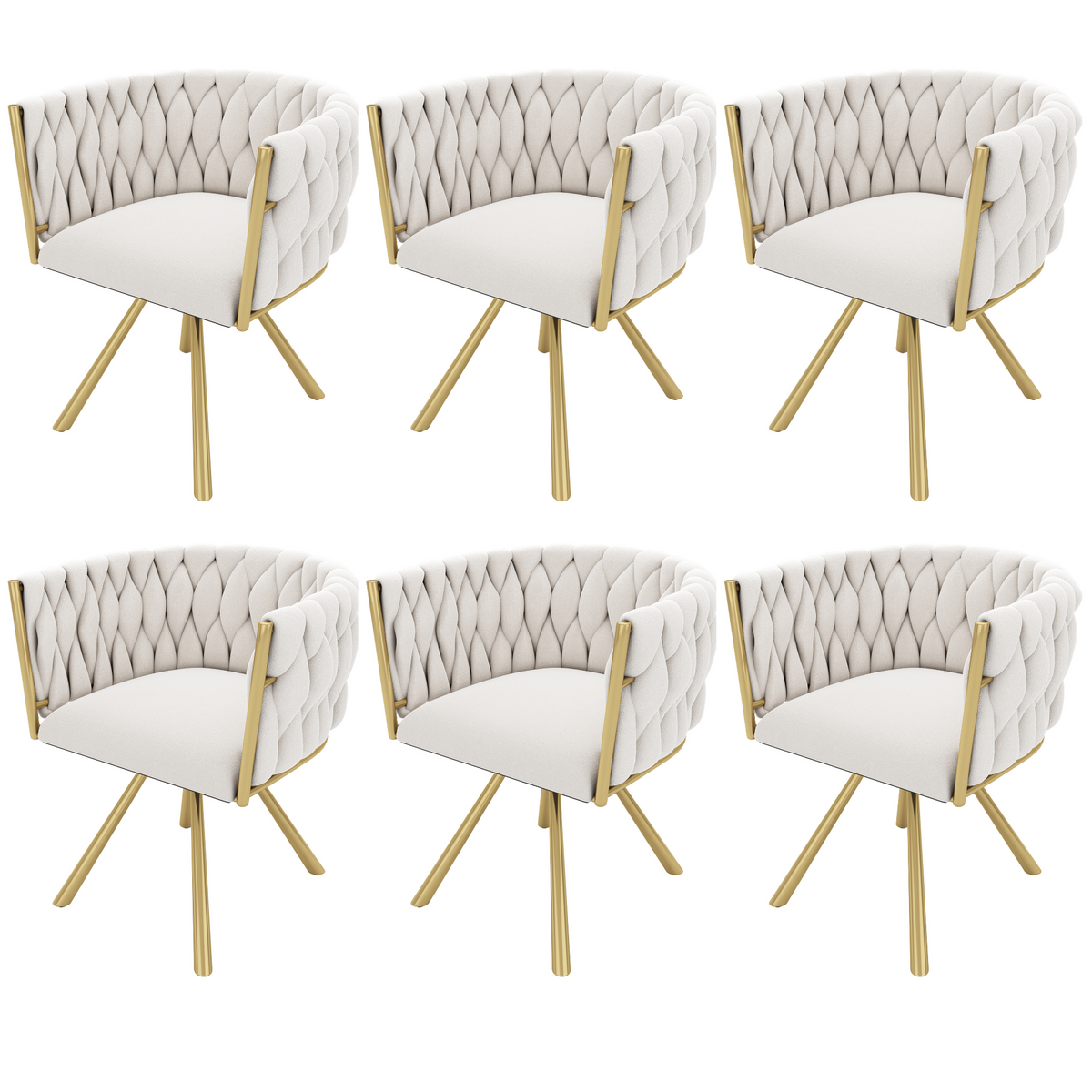 Lot de 6 chaises pivotantes de salle à manger en velours beige avec pieds en métal doré