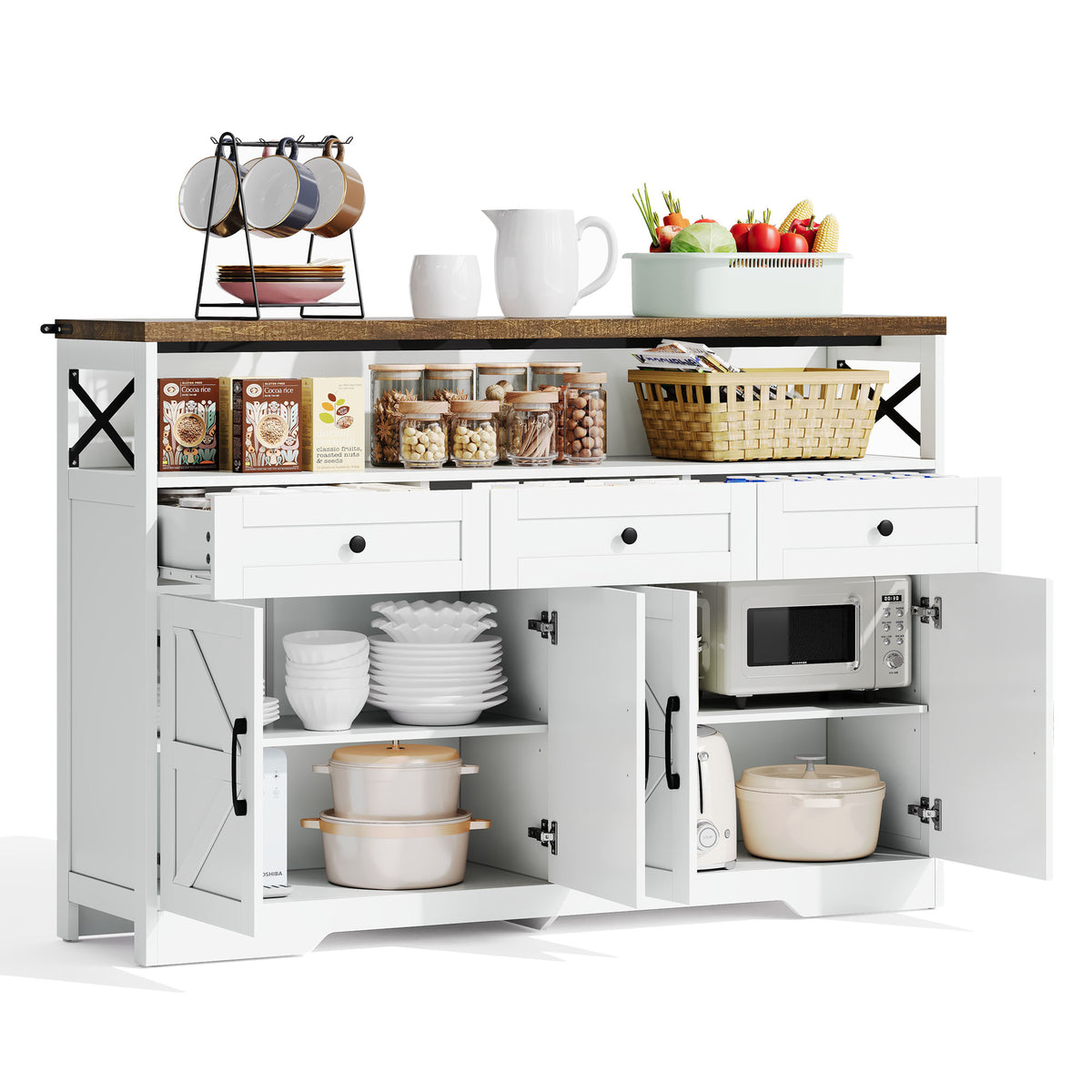 White and brown rustic buffet with 3 drawers and 2 doors