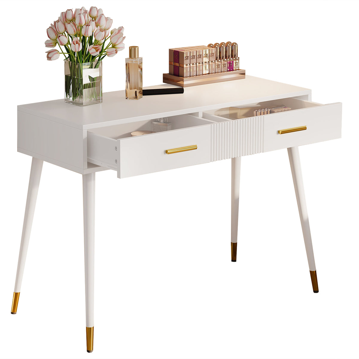Weißer Schminktisch oder Schreibtisch in modernem Design mit 2 geräumigen Schubladen und goldenen Metallbeinen, 100x40x76 cm.
