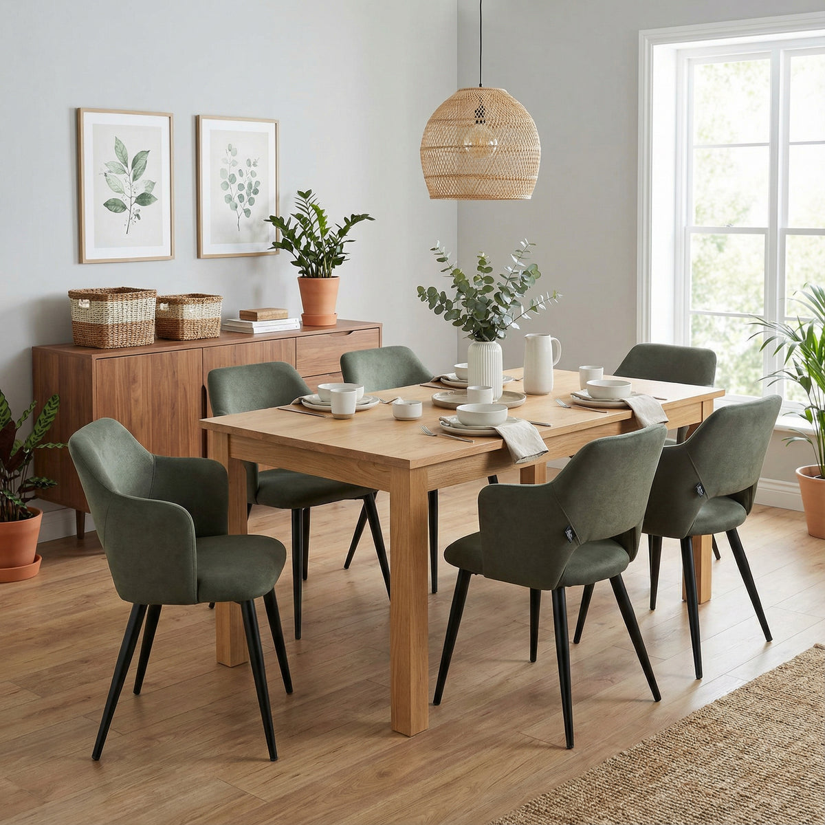 Set of 2 Scandinavian dining rooms with green fabric armrests - Akanji