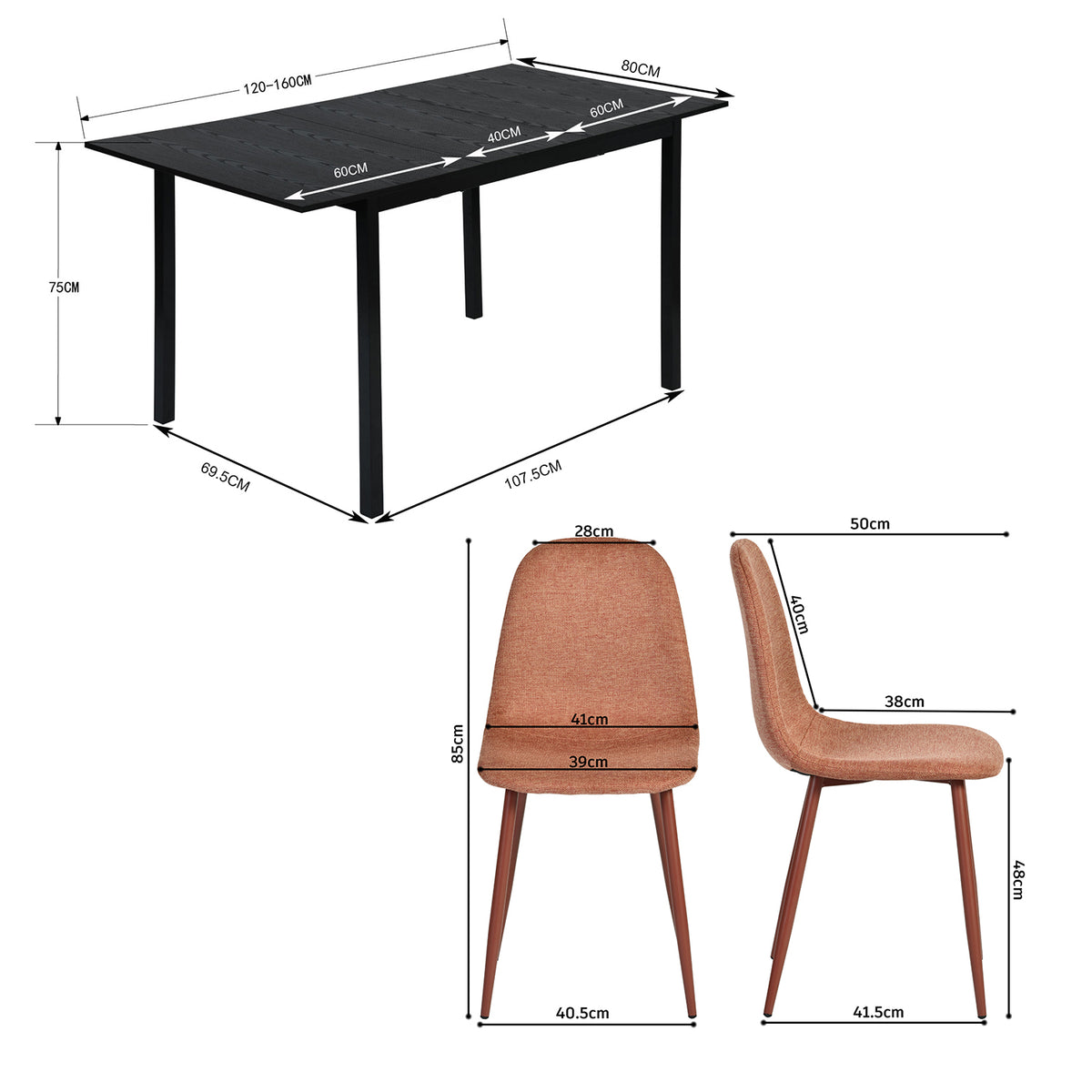 Round Table Table Table Table Timber Ø80 cm with 4 black velvet chairs, modern and comfortable style