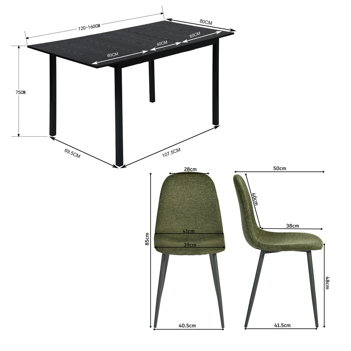 Runder Tisch in Walnussoptik Ø80 cm mit 4 schwarzen Samtstühlen, moderner und komfortabler Stil