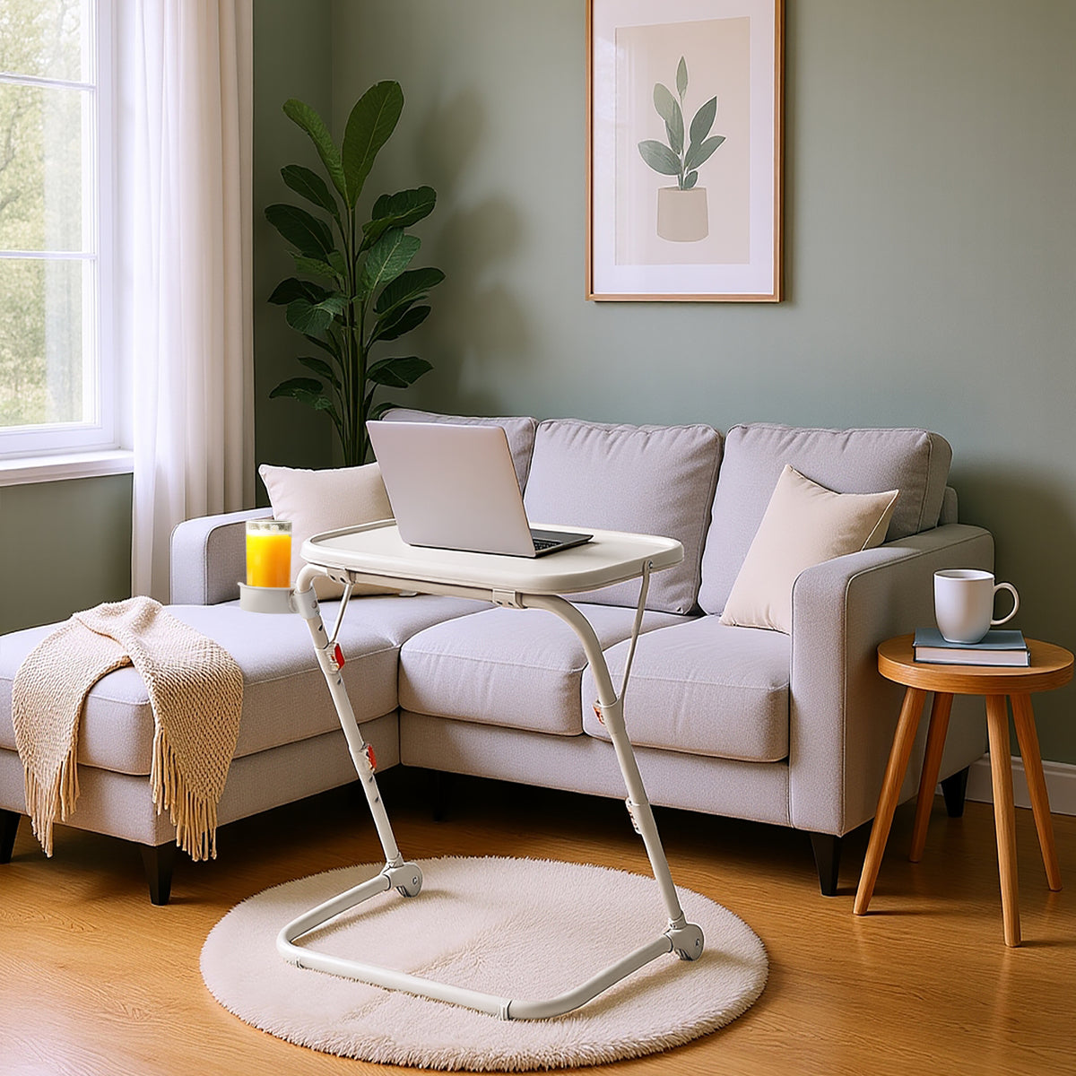 Table d’appoint pliable pour ordinateur portable, bout de canapé réglable en hauteur avec plateau inclinable et porte-gobelet beige- BASELINE