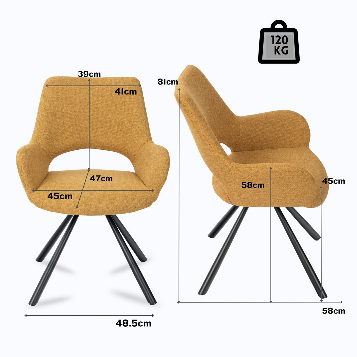 Ensemble de salle à manger comprenant une table extensible et 6 fauteuil en tissu jaune