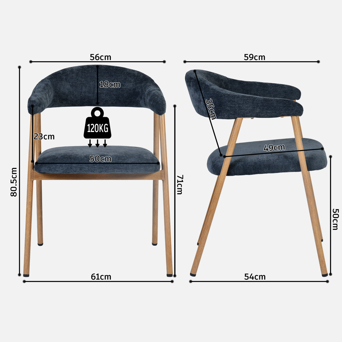 Lot de 2 fauteuils de salle à manger scandinaves avec accoudoirs en tissu bleue - BONNIE