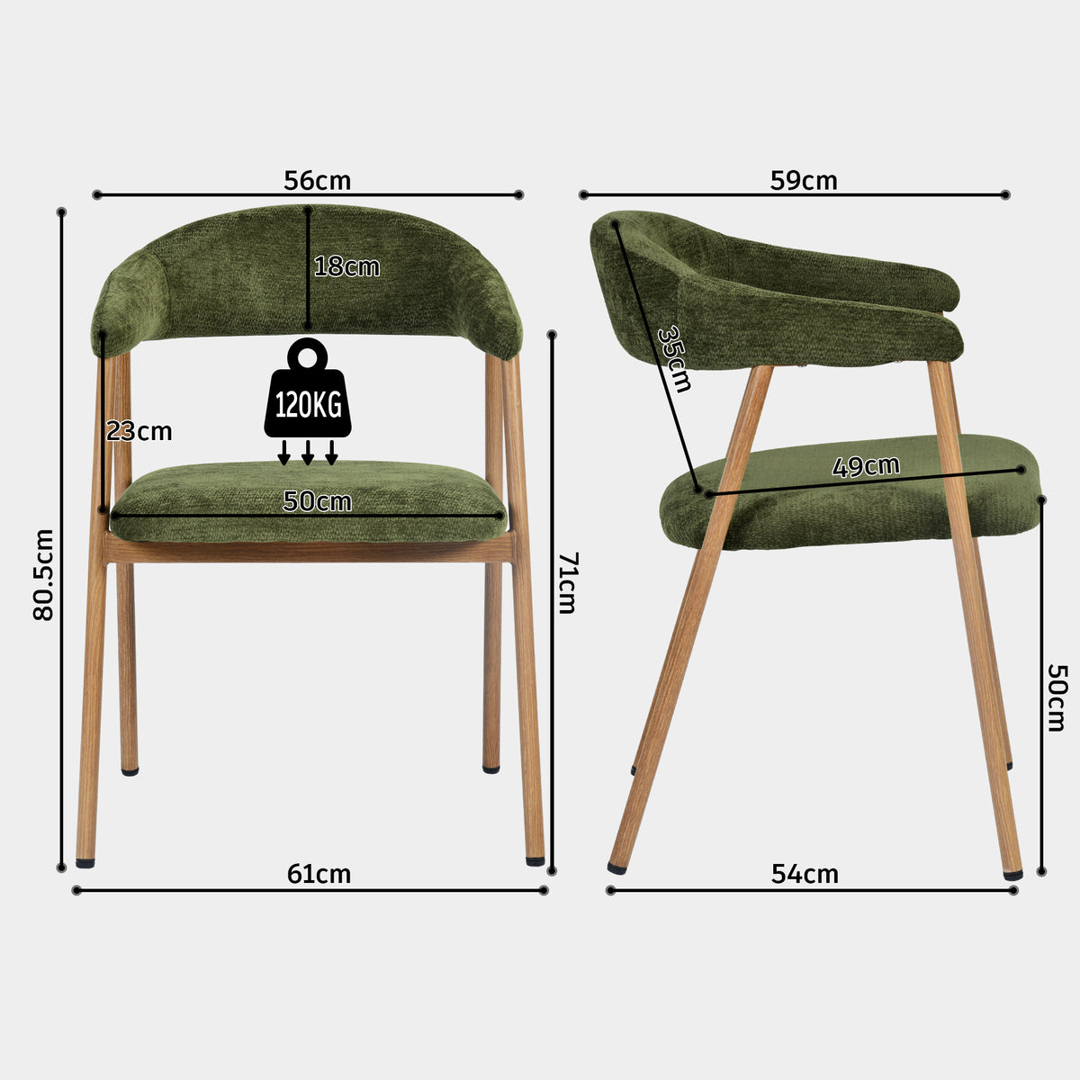 Lot de 2 fauteuils de salle à manger scandinaves avec accoudoirs en tissu vert - BONNIE