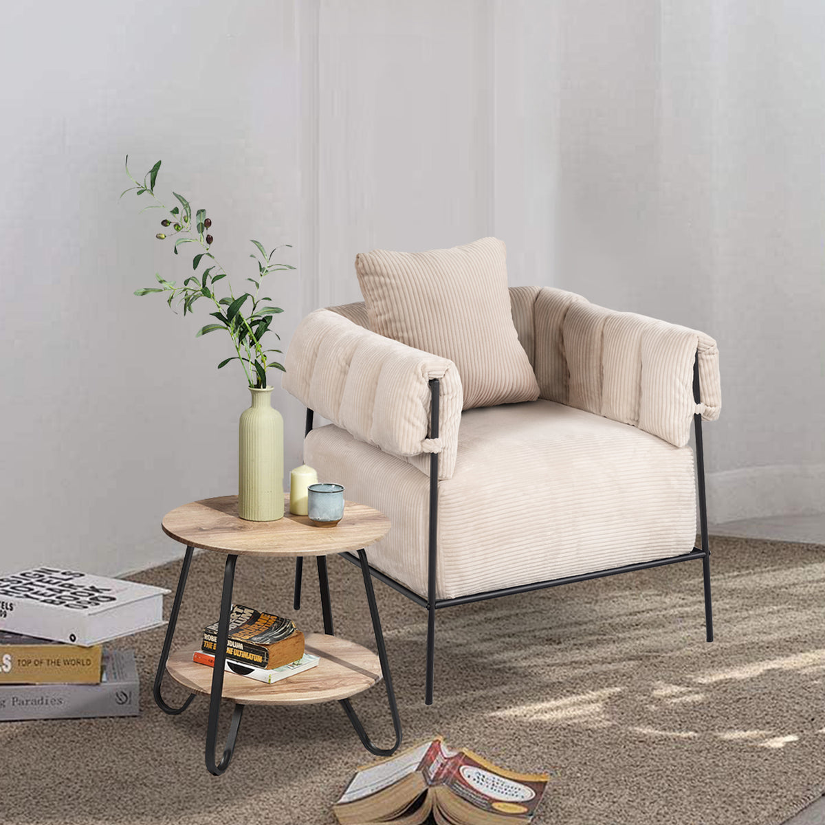 Loungesessel mit Armlehnen aus beigem Cord – DOMCO