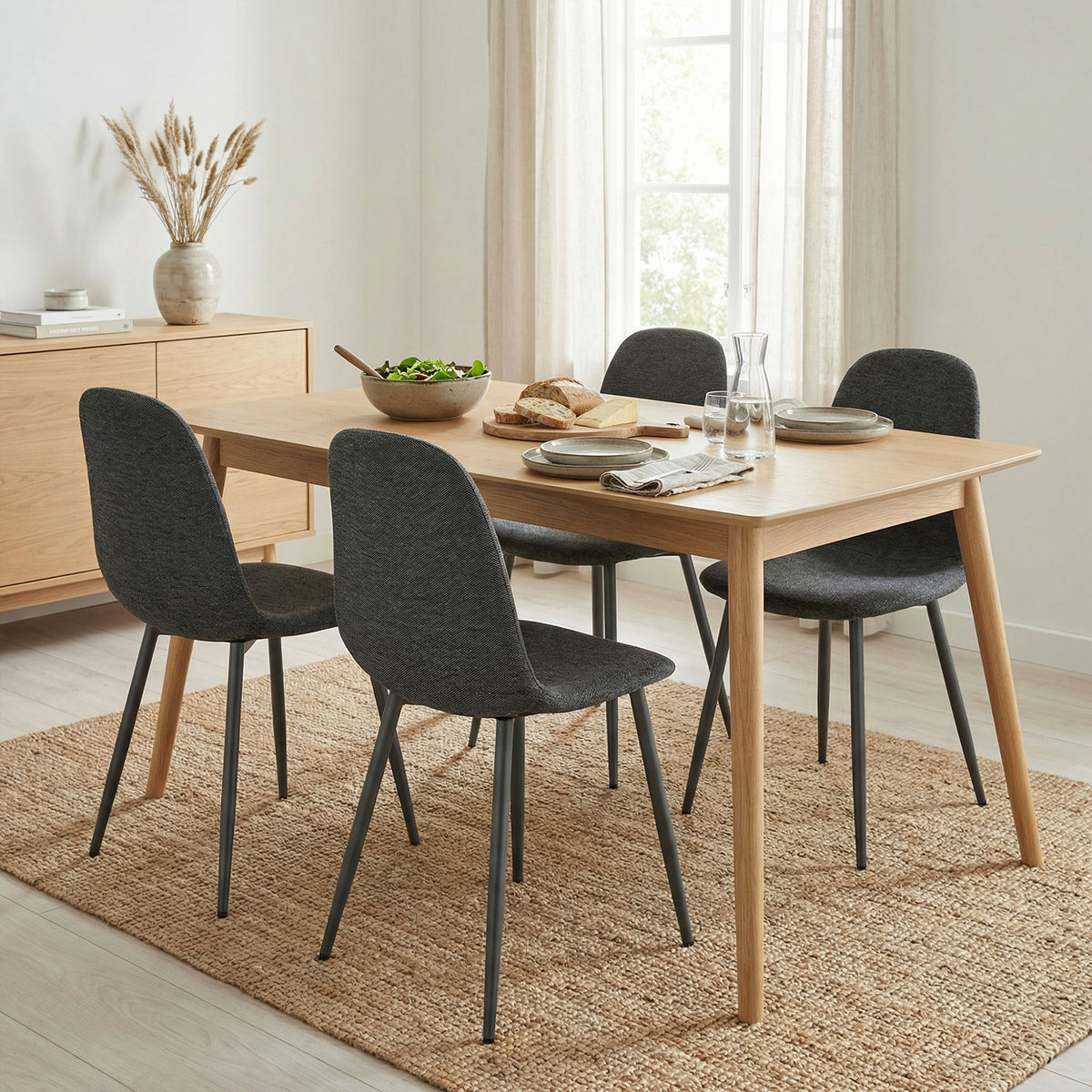 Lot de 4 chaises de salle à manger en tissu gris doux, chaises de détente avec dossier et pieds métalliques assortis scandinave - CHARLTON