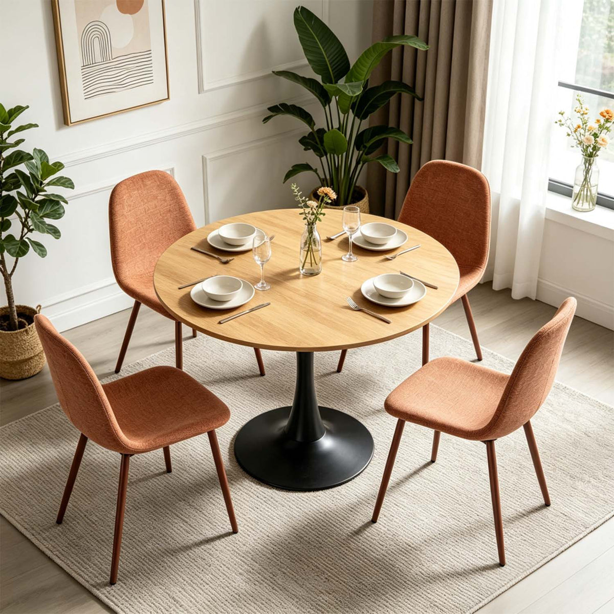 Ensemble de salle à manger de style scandinave comprenant une table ronde en chêne et 4 chaises terracotta