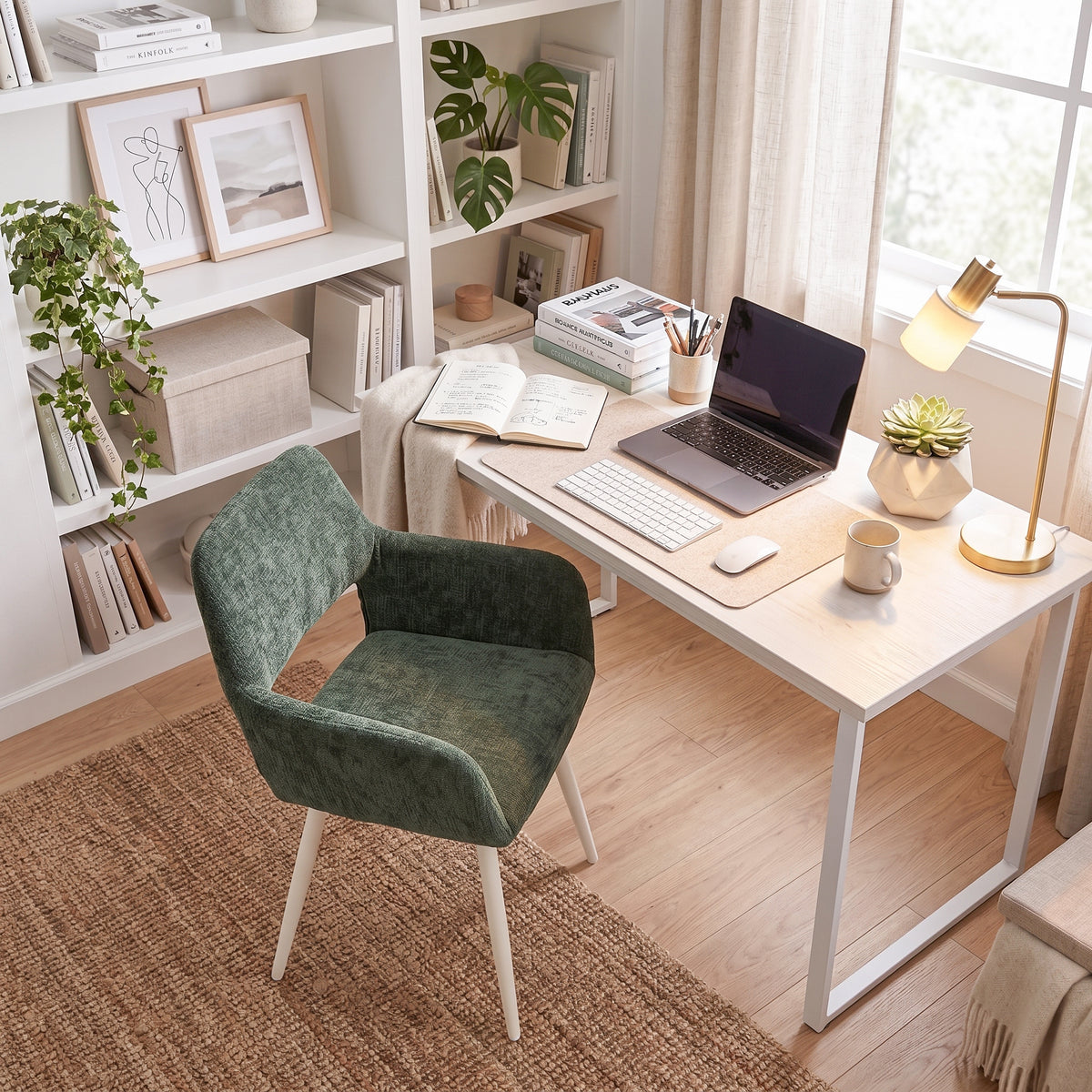 Lot de 2 fauteuils de salle à manger scandinaves avec accoudoirs en chenille vert- CROMWELL