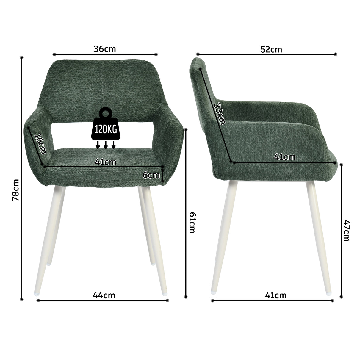 Lot de 2 fauteuils de salle à manger scandinaves avec accoudoirs en chenille vert- CROMWELL