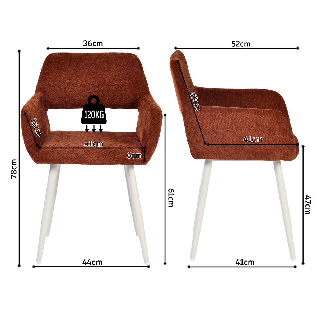 Lot de 2 fauteuils de salle à manger scandinaves avec accoudoirs en chenille terracotta - CROMWELL