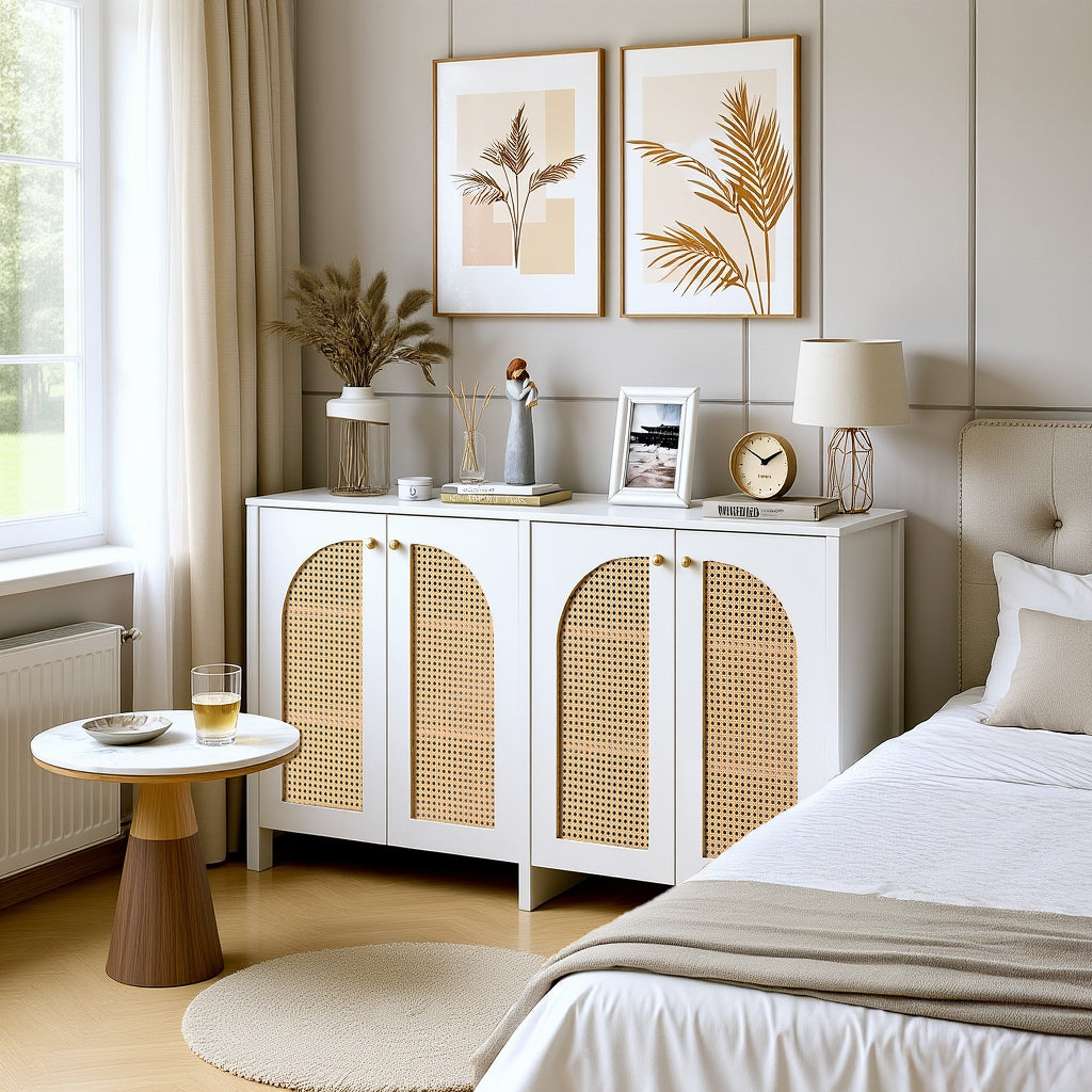 Buffet moderne blanc en MDF avec 4 portes en rotin PE et poignées en métal