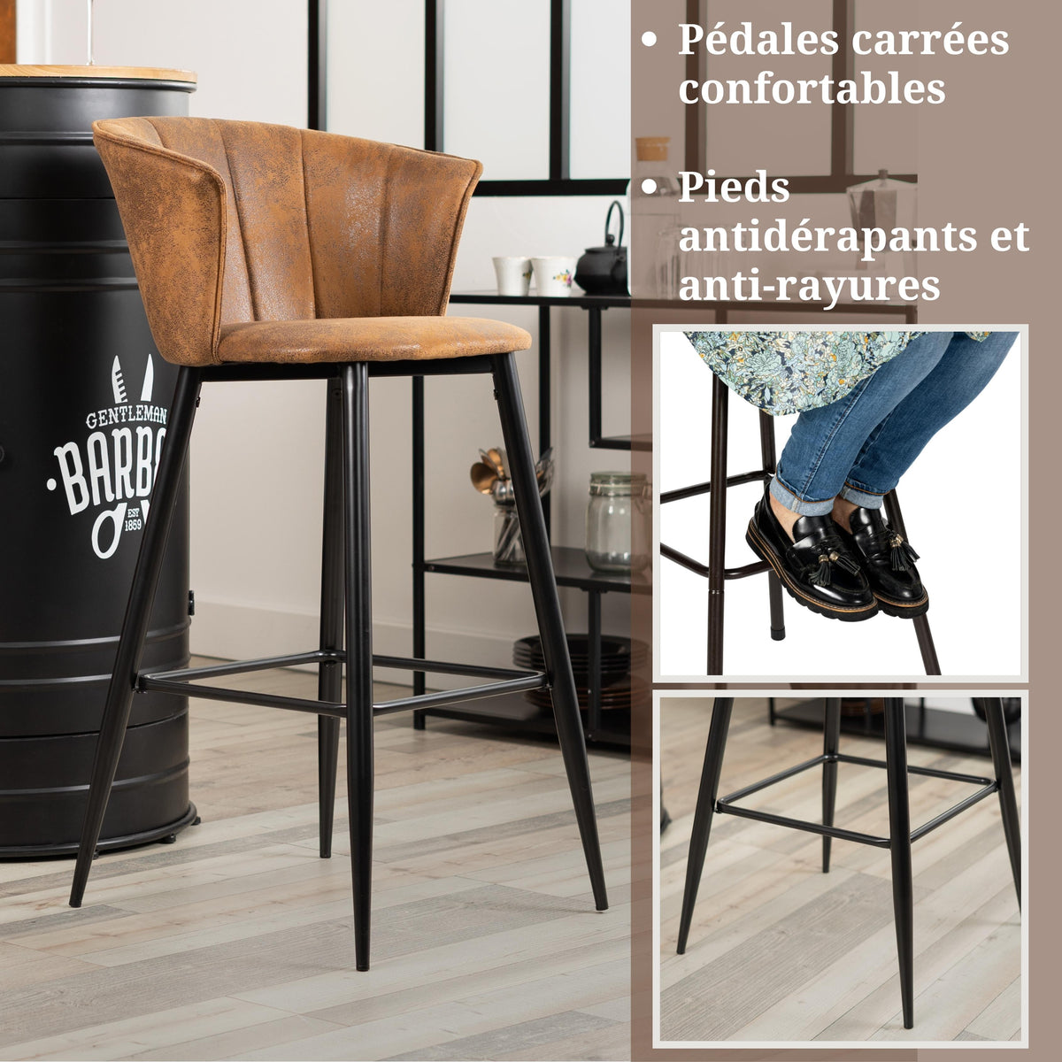 Lot de 4 tabourets de bar industriels avec accoudoirs et dossier en suédine - DONCIC BAR