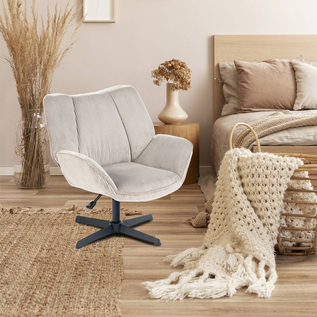 Fauteuil de loisirs réglable pivotant avec accoudoirs en velours côtelé beige - DUROTHIL