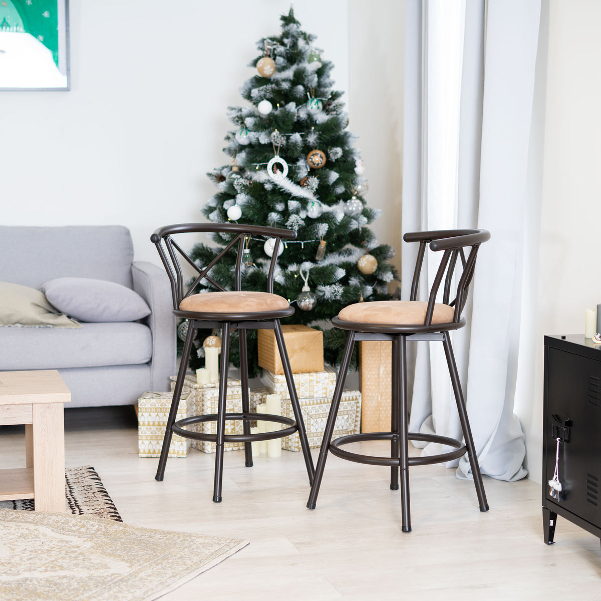 Lot de 4 tabourets de bar industriels pivotants avec dossier en tissu marron - HAILEY 24