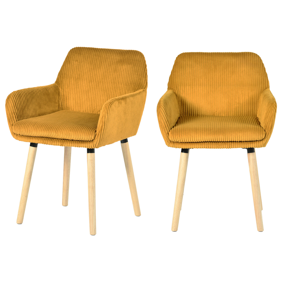 Lot de 2 chaises de salle à manger de style scandinave avec pieds en bois et accoudoirs en velours côtelé jaune - ELIA