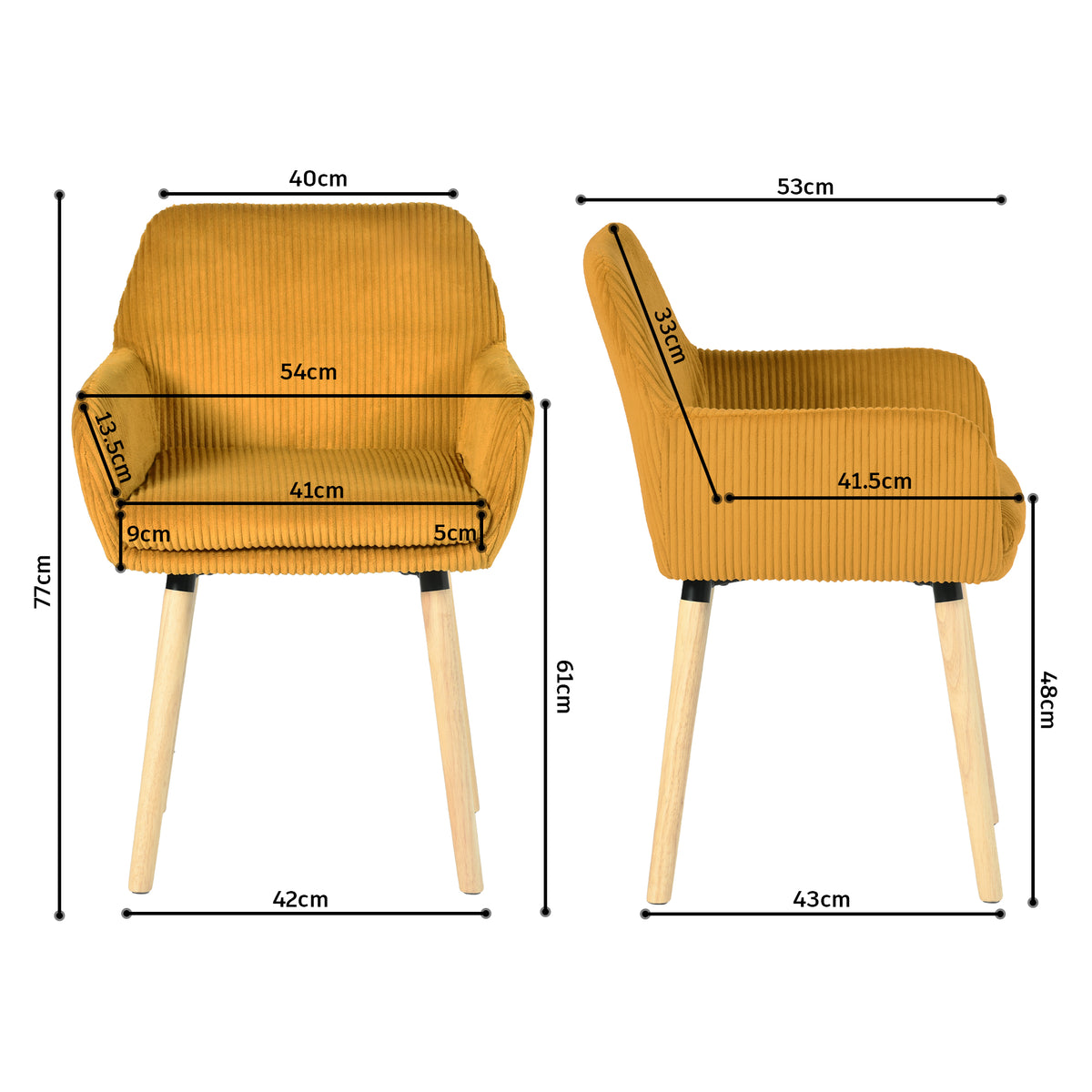 Lot de 2 chaises de salle à manger de style scandinave avec pieds en bois et accoudoirs en velours côtelé jaune - ELIA