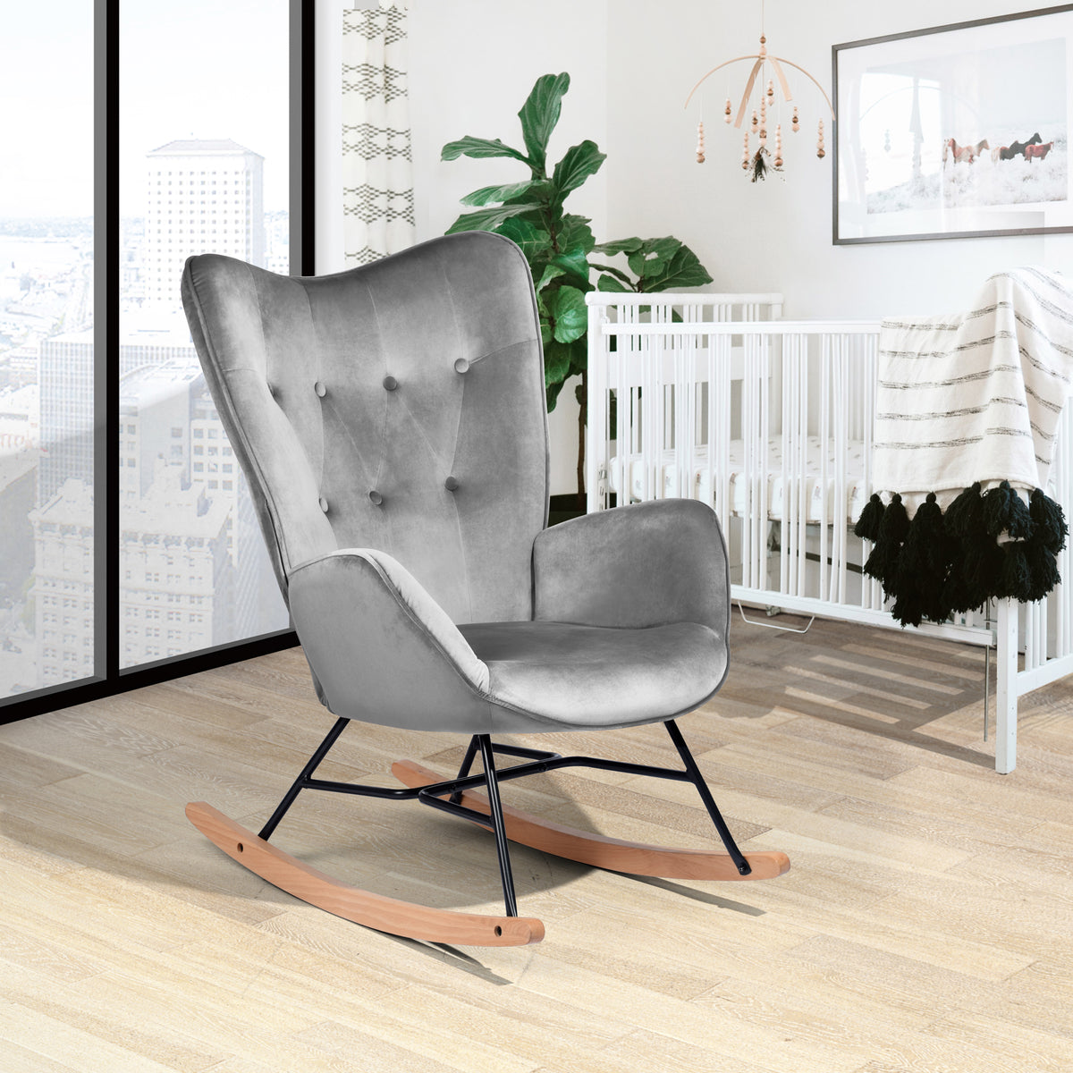 Fauteuil à bascule allaitement scandinave avec accoudoirs en velours gris capitonné - EPPING
