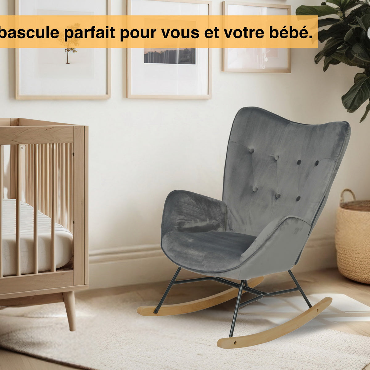 Fauteuil à bascule allaitement scandinave avec accoudoirs en velours gris capitonné - EPPING
