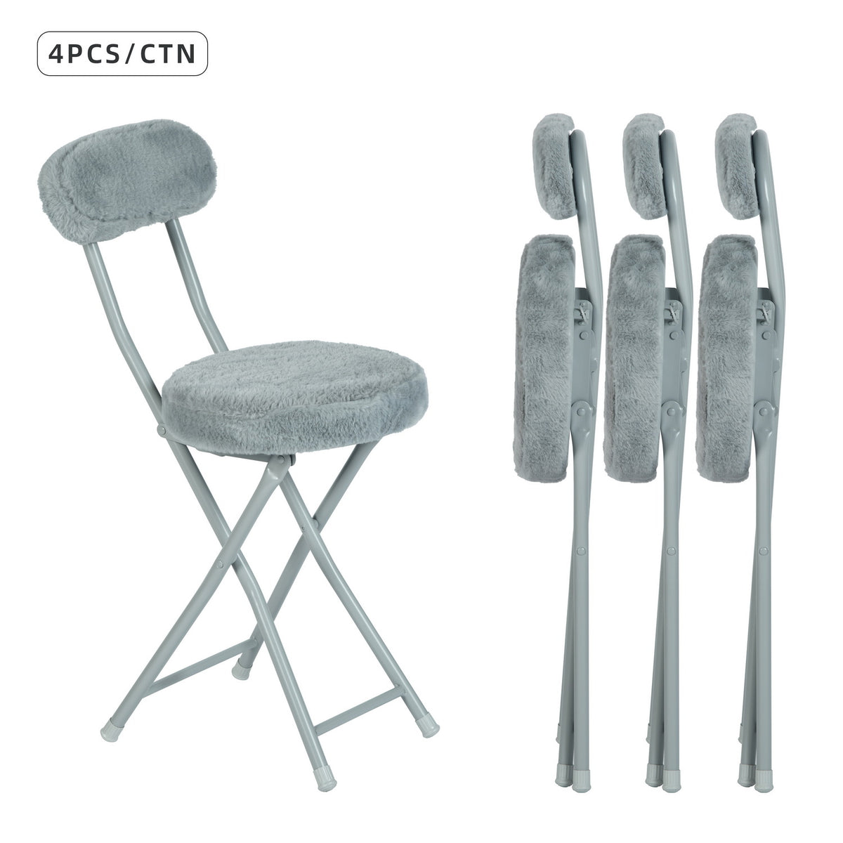Lot de 4 chaises/tabourets pliantes, assise ronde en tissu effet fausse fourrure grise - ERNST