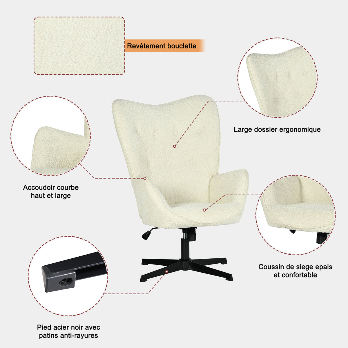 Lot de 2 fauteuil de bureau pivotant et réglable avec accoudoirs, fauteuil de salon inclinable en tissu chenille beige - FUCHS