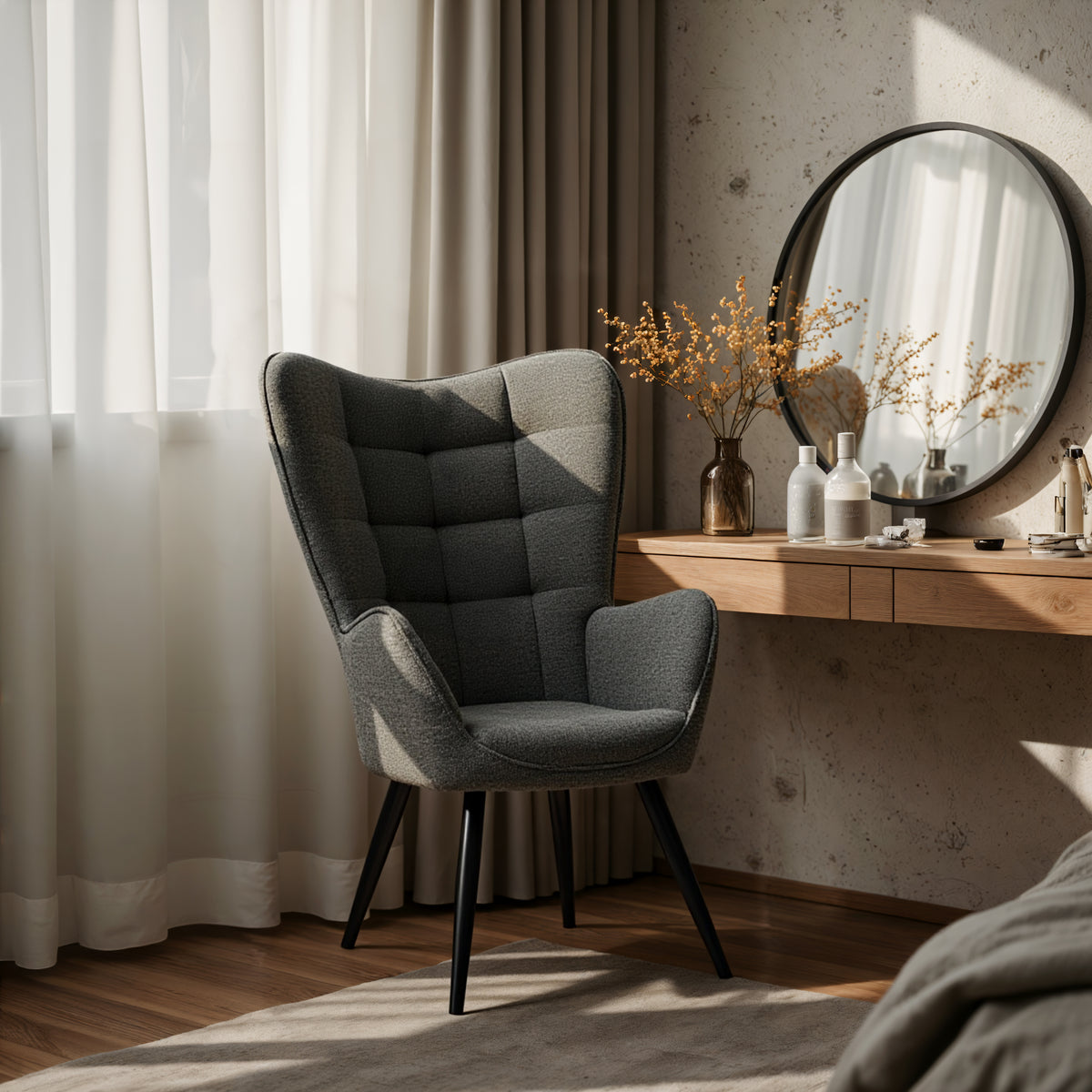 Fauteuil scandinave avec accoudoirs en tissu gris foncé à surpiqûres - FUNKEL