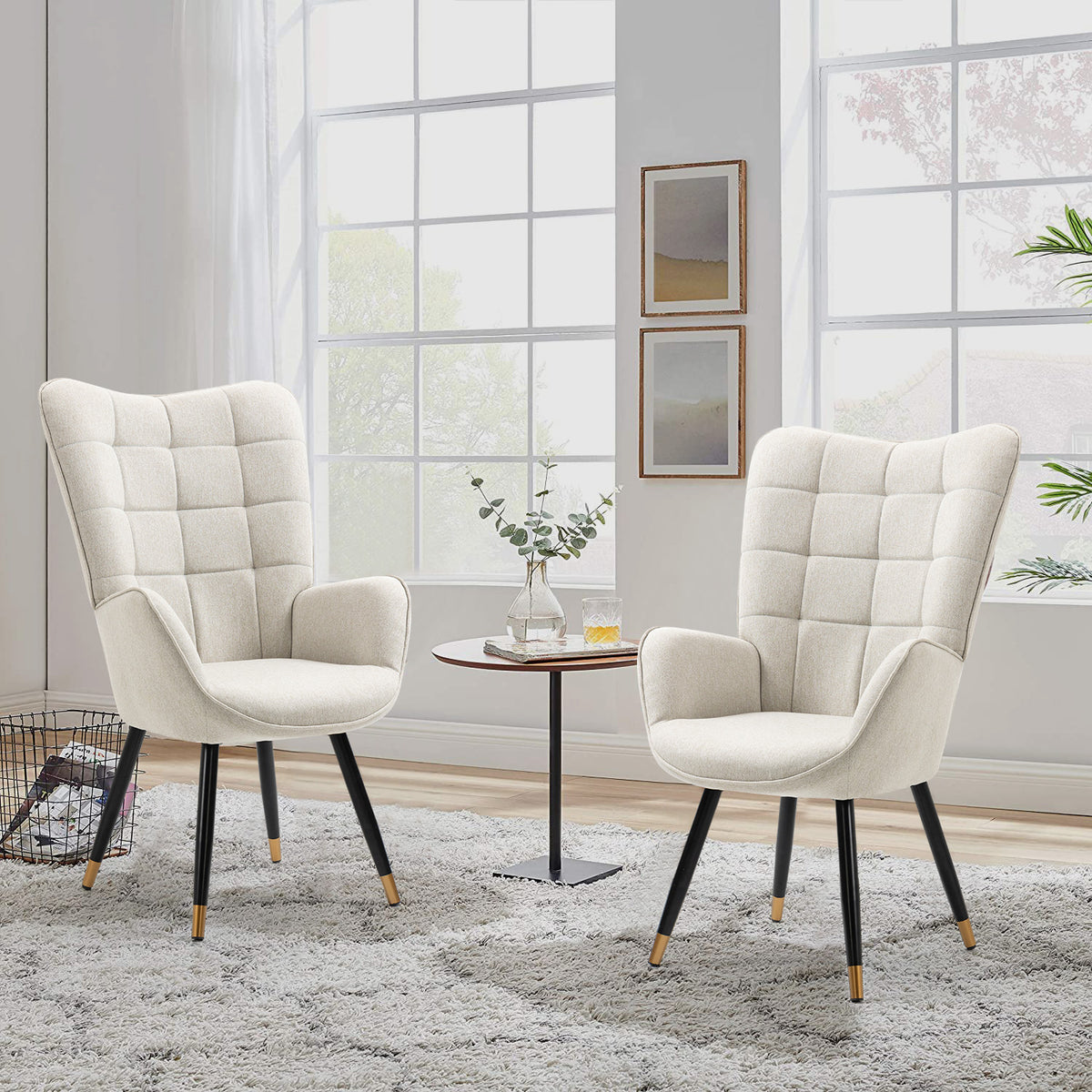 Scandinavian armchair with armrests in beige fabric with stitching - Funkel