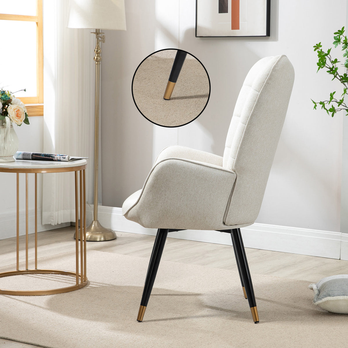 Scandinavian armchair with armrests in beige fabric with stitching - Funkel