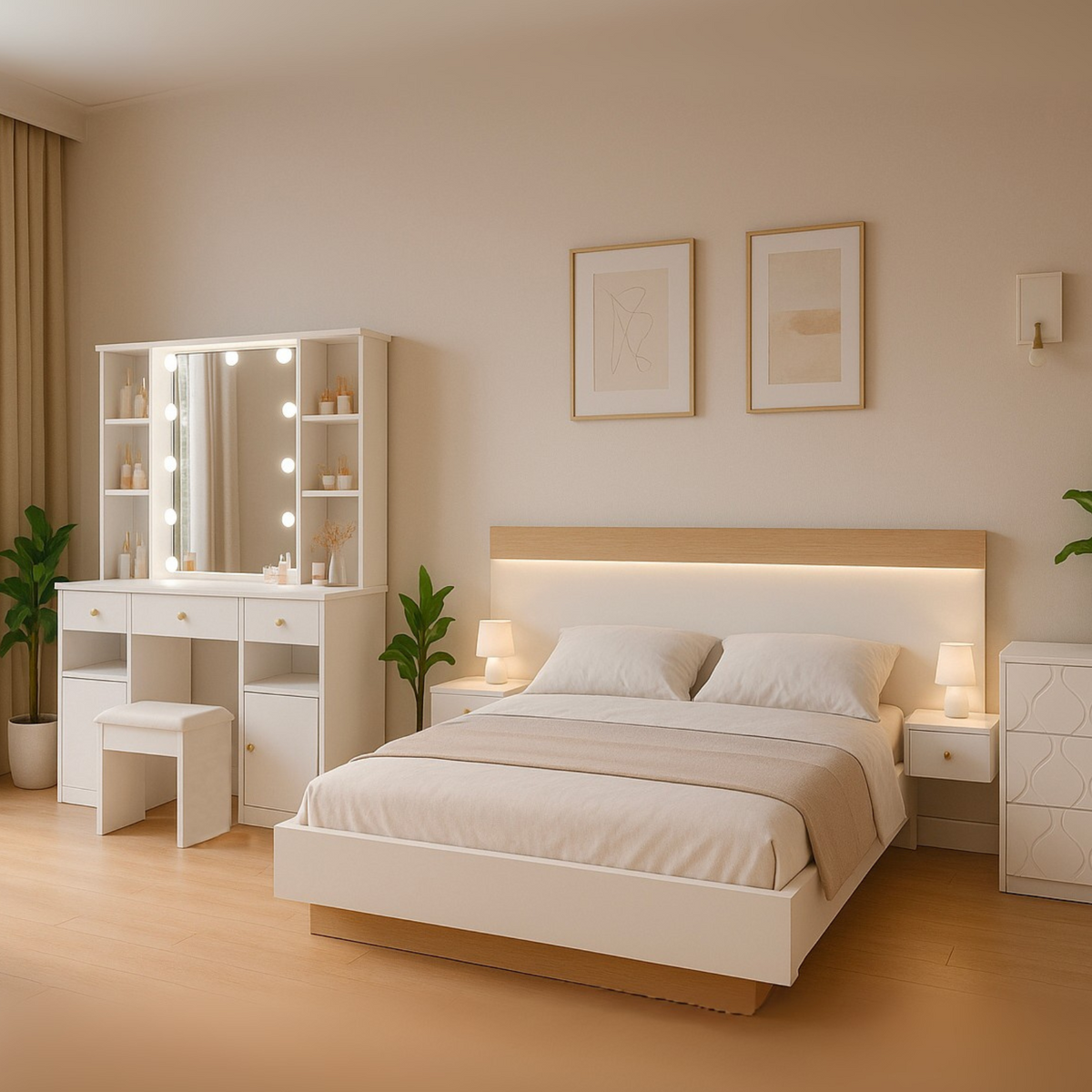 Grande coiffeuse blanche avec miroir, tabouret et éclairage LED réglable, 3 tiroirs et 2 portes de rangement