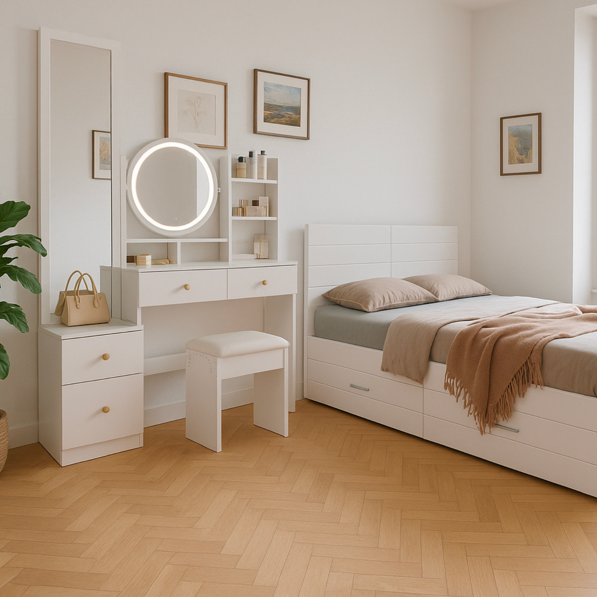 Coiffeuse 4-en-1 blanche avec miroir entier et miroir de table rotatif, tabouret rembourré, rangement intégré et éclairage LED 3 couleurs, 109x36x164 cm