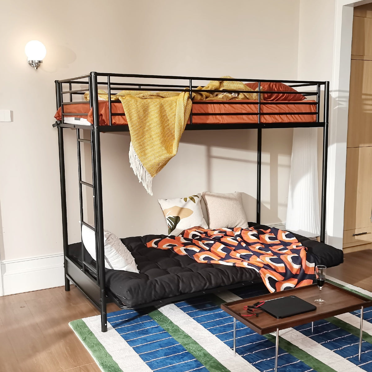 Etagenbett 90x190 cm mit Cabrio -Bank -Sofa und Lattenbasis in schwarzem Metall (Matratze nicht enthalten) - Liberty