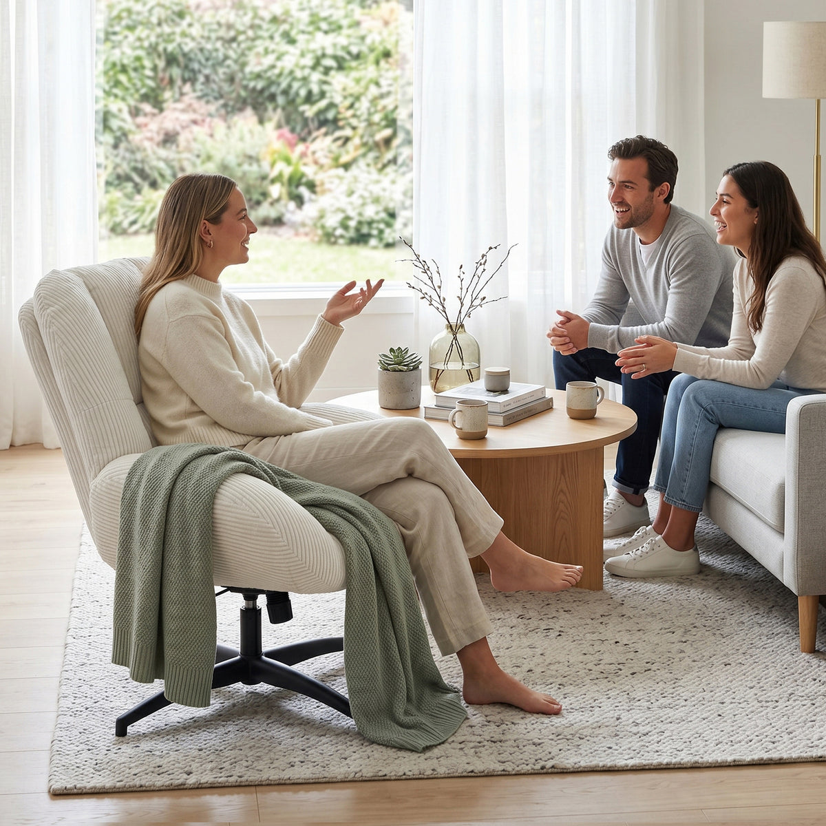 Chaise de bureau pivotante en velours côtelé beige – LITHOPS FIX