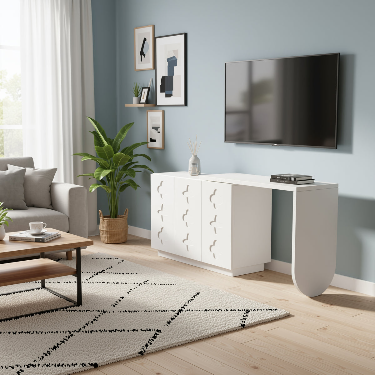 Bureau d'angle pivotant en L blanc de 110 cm, avec 3 placards de rangement, portes à fermeture douce et étagères réglables, idéal pour un bureau ou un studio de beauté