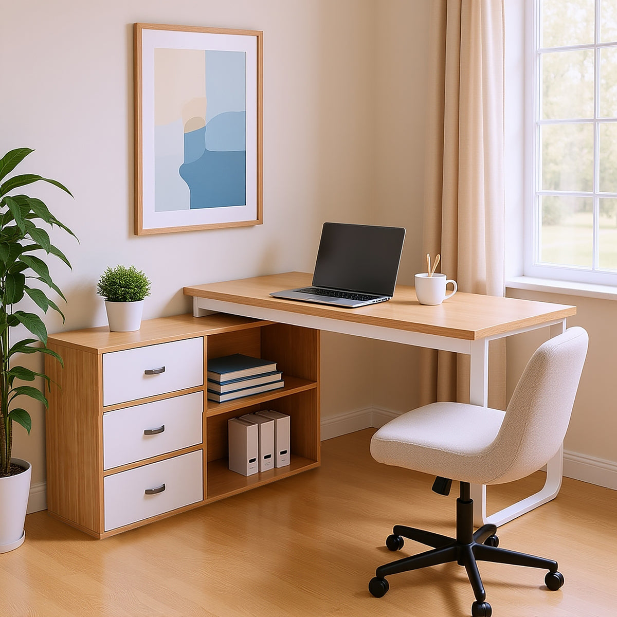 Schlichter Schreibtisch aus Naturholz mit 3 Schubladen und 2 offenen Nischen – 147×100×75,3 cm