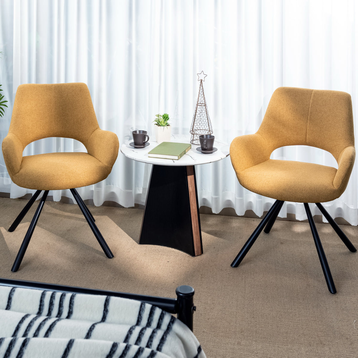 Set of 4 contemporary dining room chairs in yellow fabric, black metal legs - BETH FABRIC YELLOW 4PCS