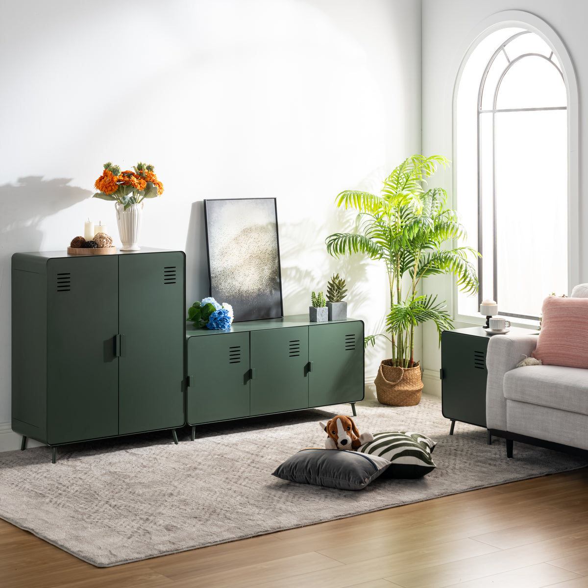TV cabinet/Buffet Living Room in 3 -door green metal and wooden tray with shelves - Walnut