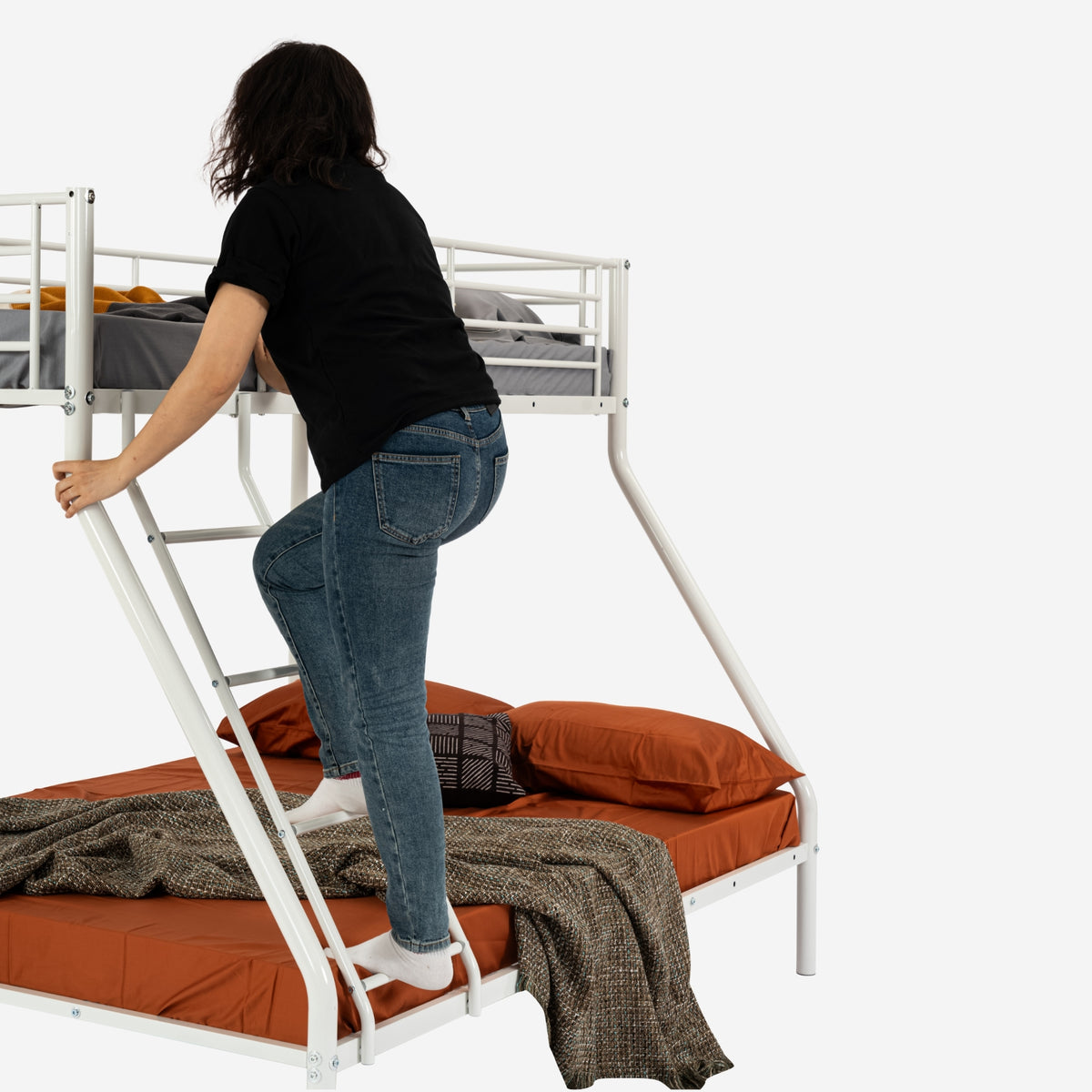 Lit superposé 3 places et 2 étages en métal blanc avec échelle 140x190cm et 90x190cm (matelas non inclus) - JAZZ
