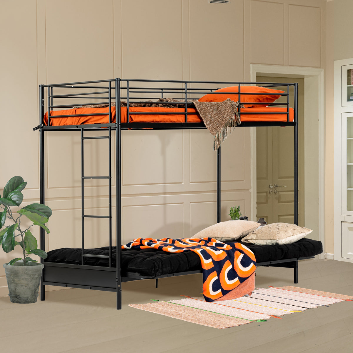 Etagenbett 90x190 cm mit Cabrio -Bank -Sofa und Lattenbasis in schwarzem Metall (Matratze nicht enthalten) - Liberty