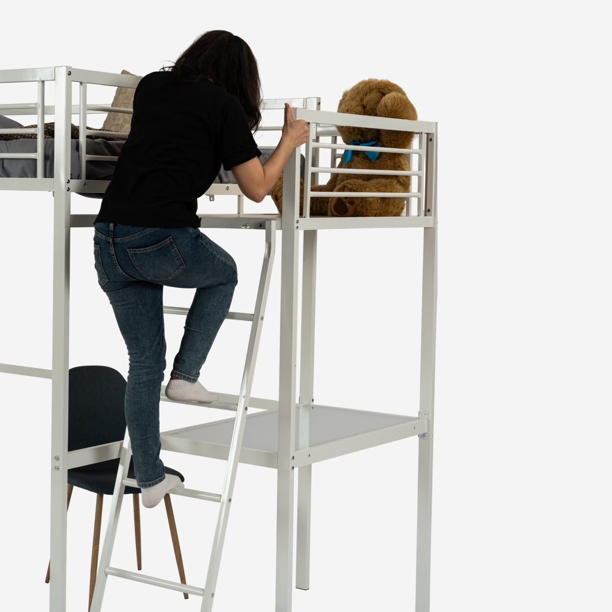 Mezzanine bed 2 places in white metal with integrated desk, sleeping of 140x190cm (mattress not included) - Lionel