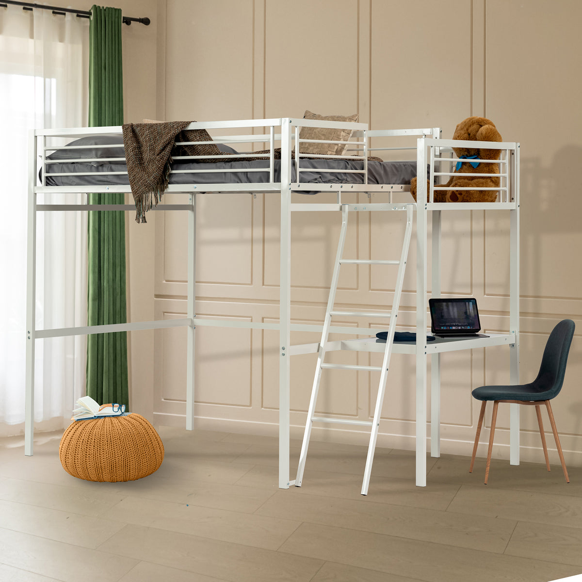 Mezzanine bed 2 places in white metal with integrated desk, sleeping of 140x190cm (mattress not included) - Lionel