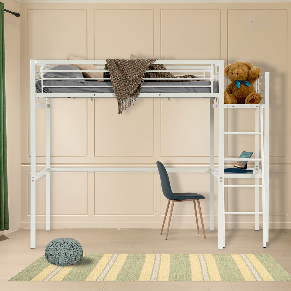 Mezzanine bed 2 places in white metal with integrated desk, sleeping of 140x190cm (mattress not included) - Lionel