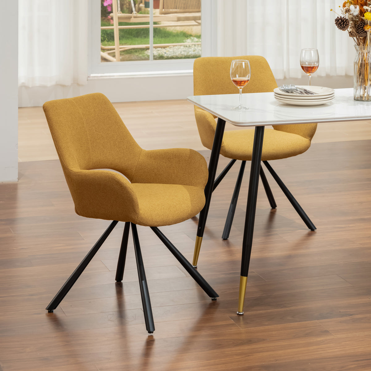 Set of 4 contemporary dining room chairs in yellow fabric, black metal legs - BETH FABRIC YELLOW 4PCS
