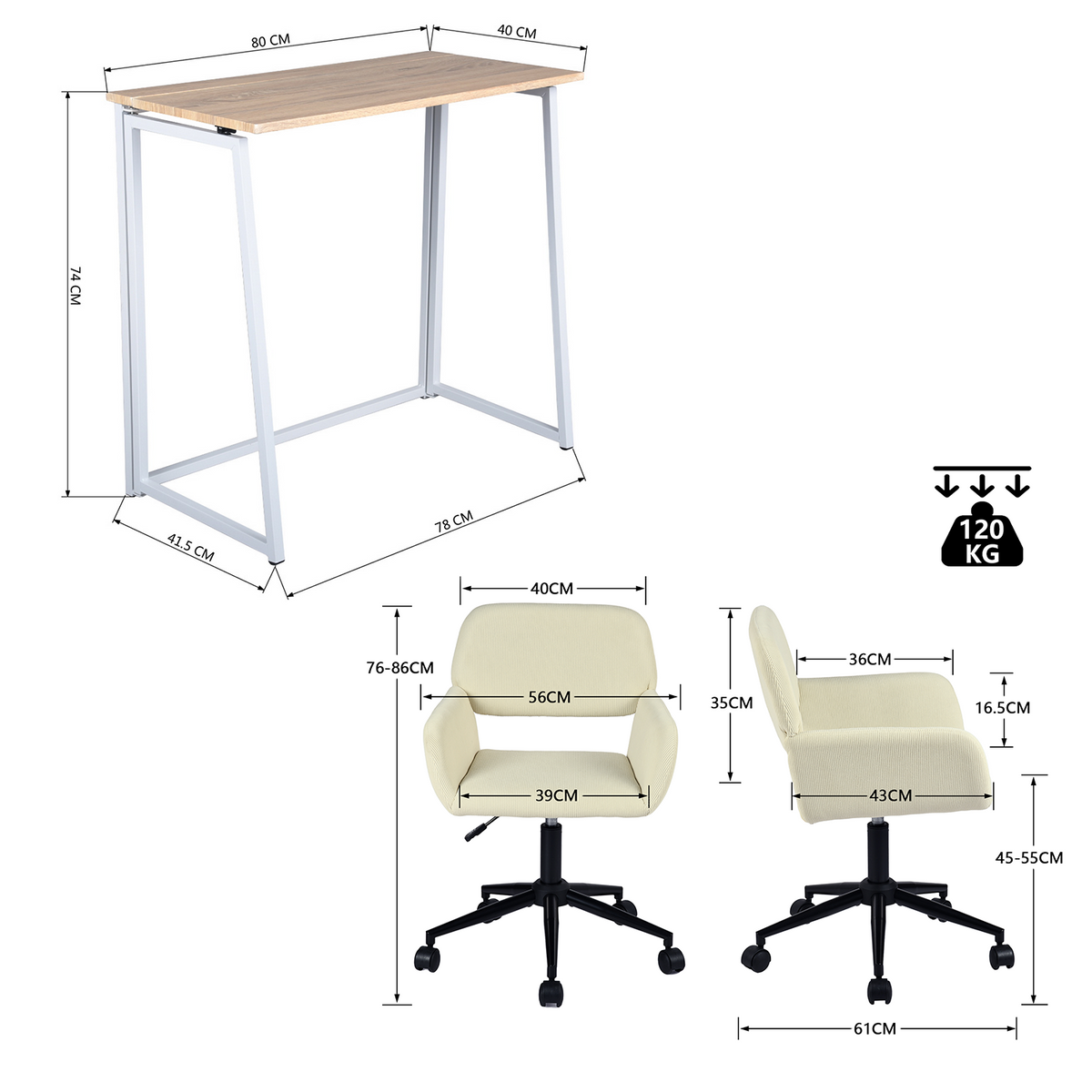Beiges Cord-Klappschreibtisch- und Bürostuhl-Set – ASCOLI & ROSS