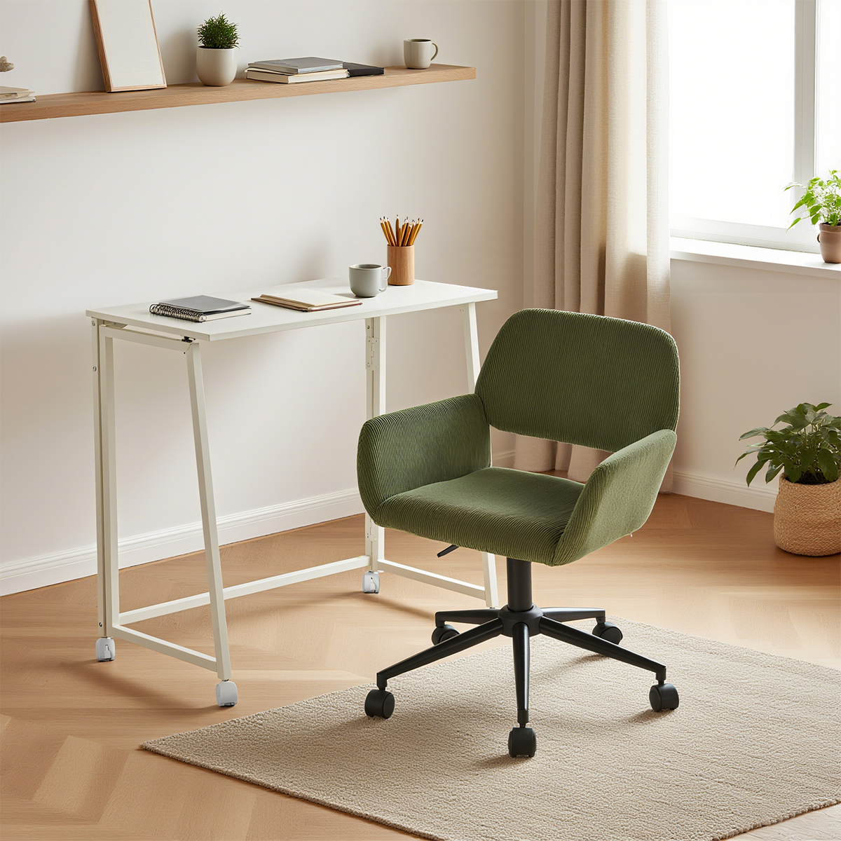 Ensemble avec bureau pliable blanc à roulettes et fauteuil en velours côtelé vert olive - ASCOLI & ROSS