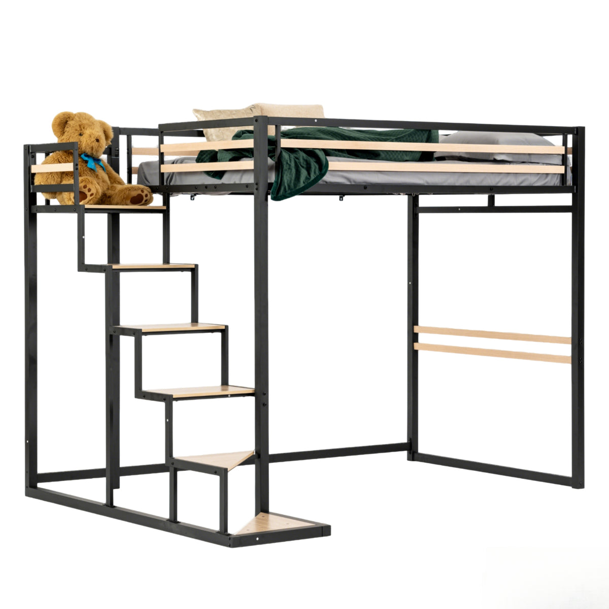 Lit mezzanine 2 places (140x200) avec sommier à lattes au style industriel noir et bois (matelas non inclus) - UP