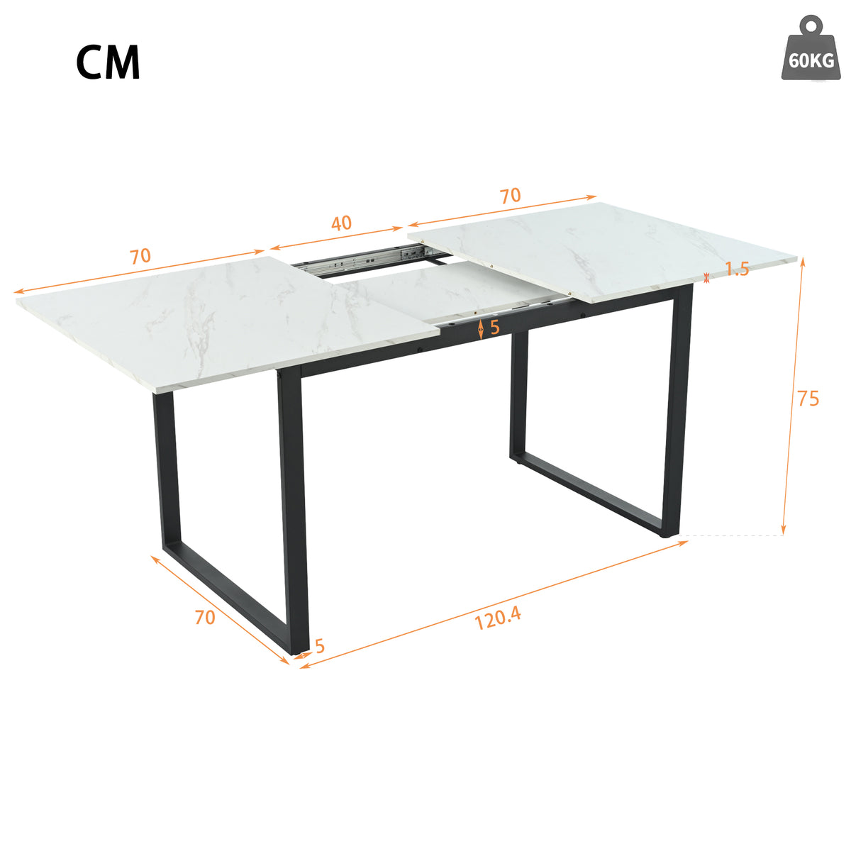 Ausziehbarer Esstisch 140/180 x 80 x 75 cm mit MDF-Platte in weißem Marmoreffekt und schwarzen Metallbeinen