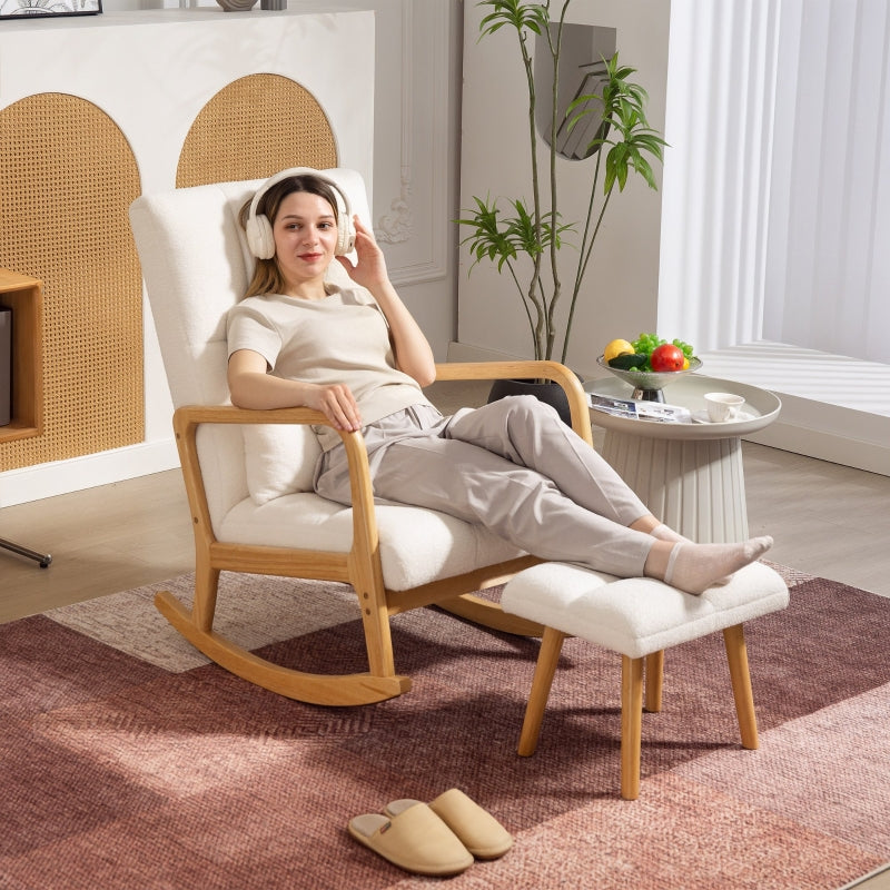 Fauteuil à bascule avec repose-pieds, revêtement polaire blanc, dossier haut et structure bois naturel