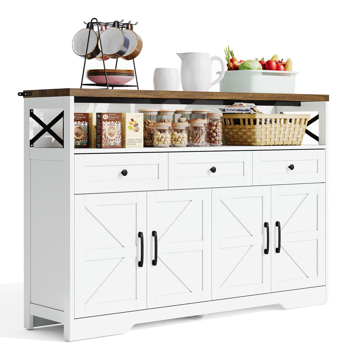 White and brown rustic buffet with 3 drawers and 2 doors