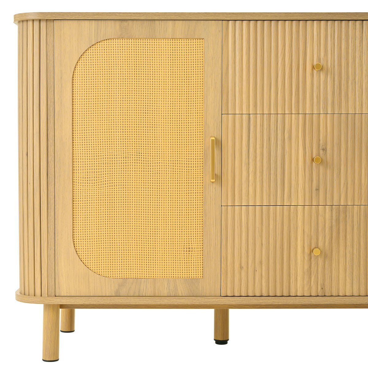Sideboard Moderne à Rattan et Métal Meuble de Salon avec Schublades Onde 3D et Portes Halbovales Optique de Bois